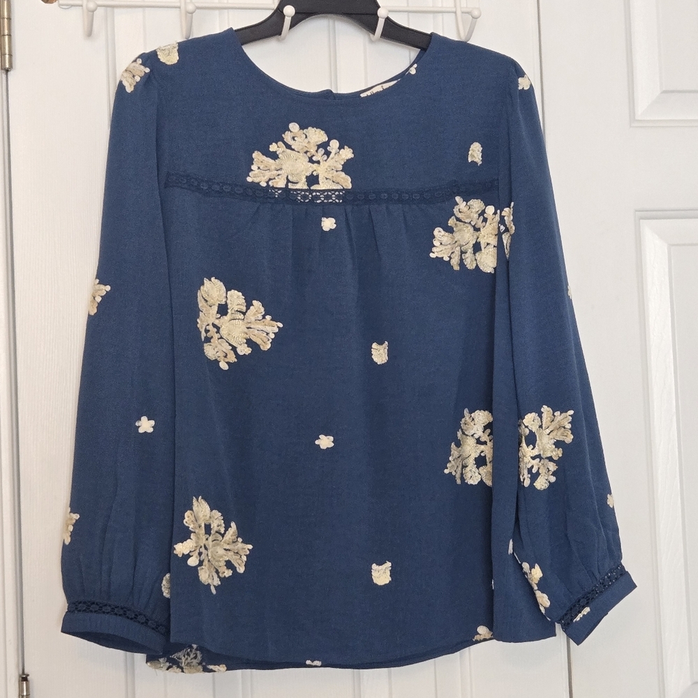 Hope Springs Blue Floral Embroidered Long-Sleeve Lace Blouse Size XL